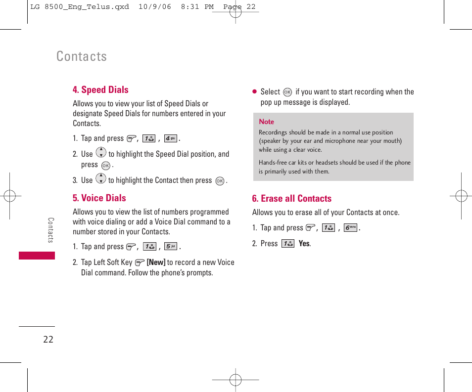 Contacts | LG 8500 User Manual | Page 23 / 81