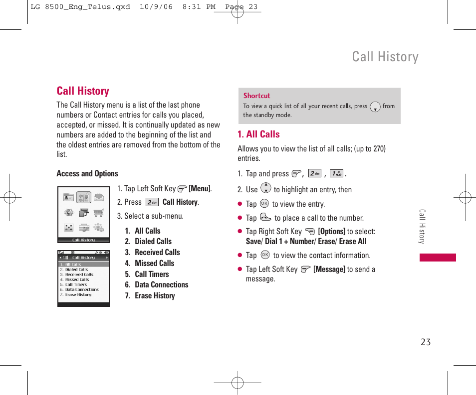 Call history | LG 8500 User Manual | Page 24 / 81