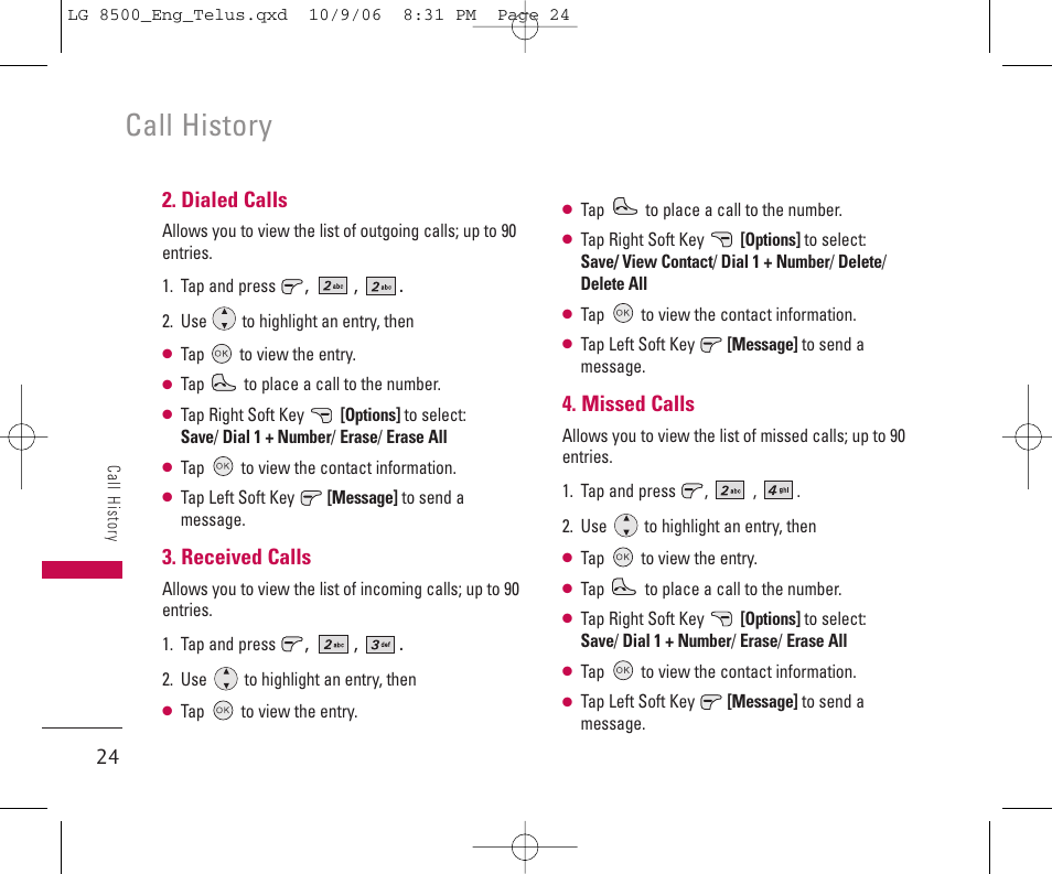 Call history, Dialed calls, Received calls | Missed calls | LG 8500 User Manual | Page 25 / 81