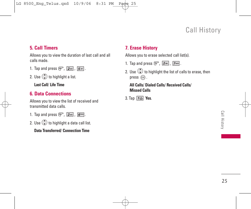 Call history | LG 8500 User Manual | Page 26 / 81