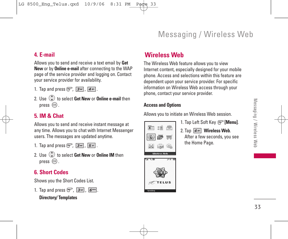 Messaging / wireless web, Wireless web | LG 8500 User Manual | Page 34 / 81