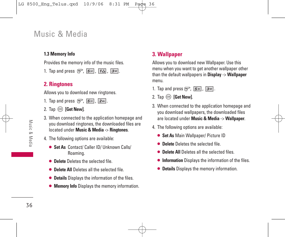 Music & media, Ringtones, Wallpaper | LG 8500 User Manual | Page 37 / 81