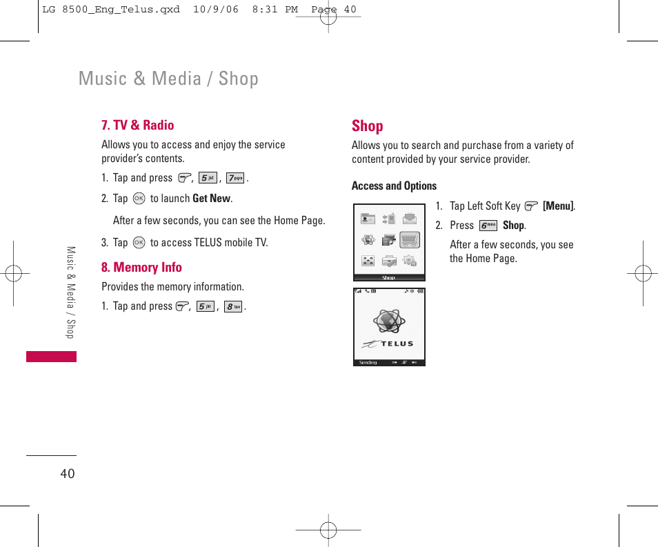 Music & media / shop, Shop | LG 8500 User Manual | Page 41 / 81