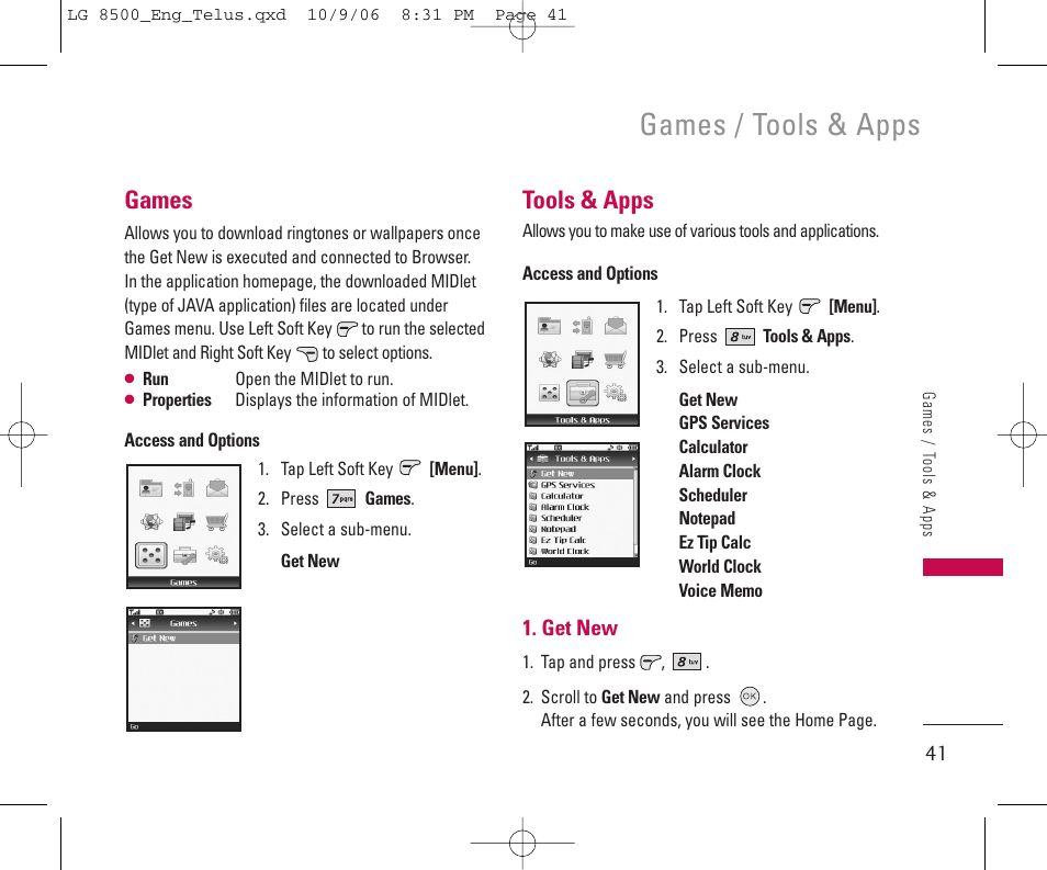 Games / tools & apps, Games, Tools & apps | LG 8500 User Manual | Page 42 / 81