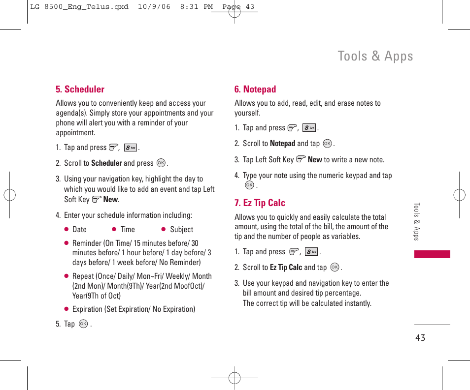 Tools & apps | LG 8500 User Manual | Page 44 / 81