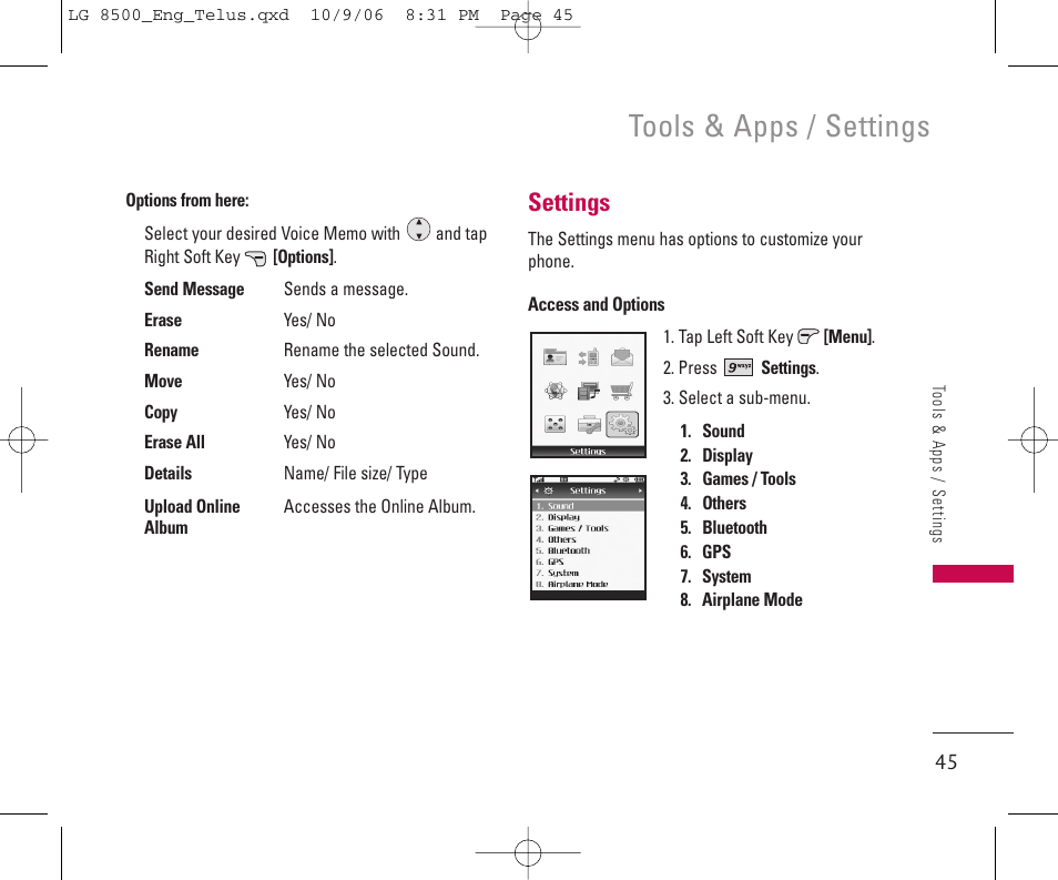 Tools & apps / settings, Settings | LG 8500 User Manual | Page 46 / 81