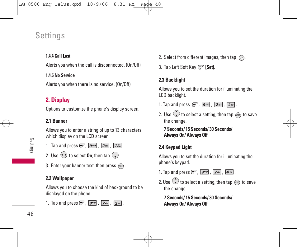 Settings | LG 8500 User Manual | Page 49 / 81