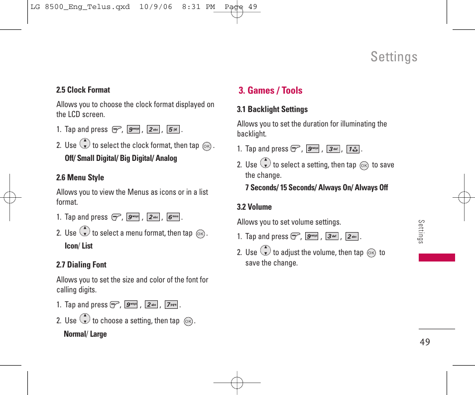 Settings | LG 8500 User Manual | Page 50 / 81