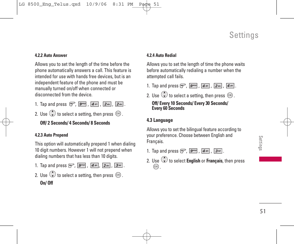 Settings | LG 8500 User Manual | Page 52 / 81