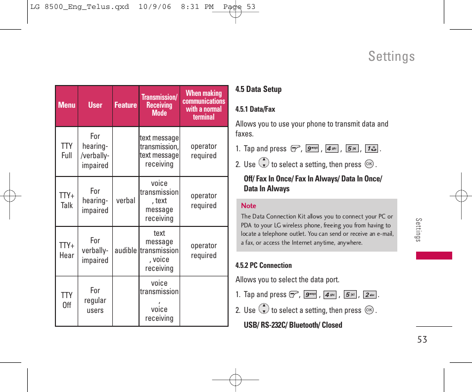 Settings | LG 8500 User Manual | Page 54 / 81