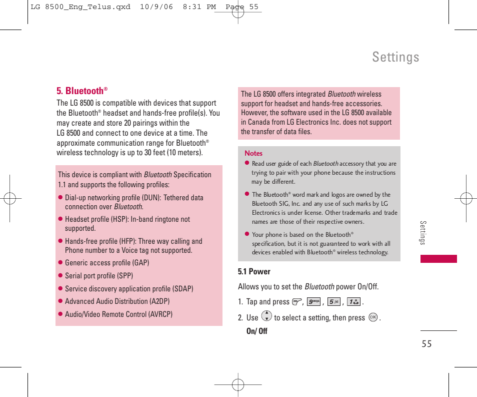 Settings, Bluetooth | LG 8500 User Manual | Page 56 / 81