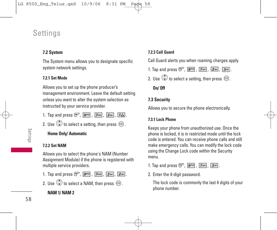 Settings | LG 8500 User Manual | Page 59 / 81