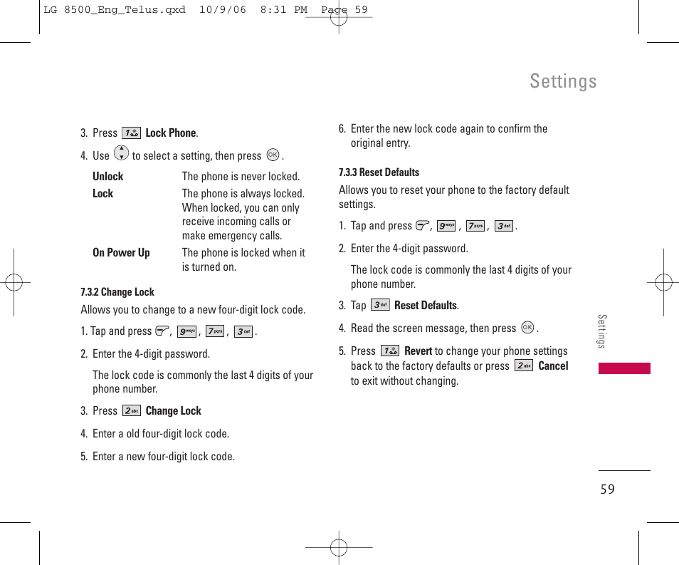 Settings | LG 8500 User Manual | Page 60 / 81