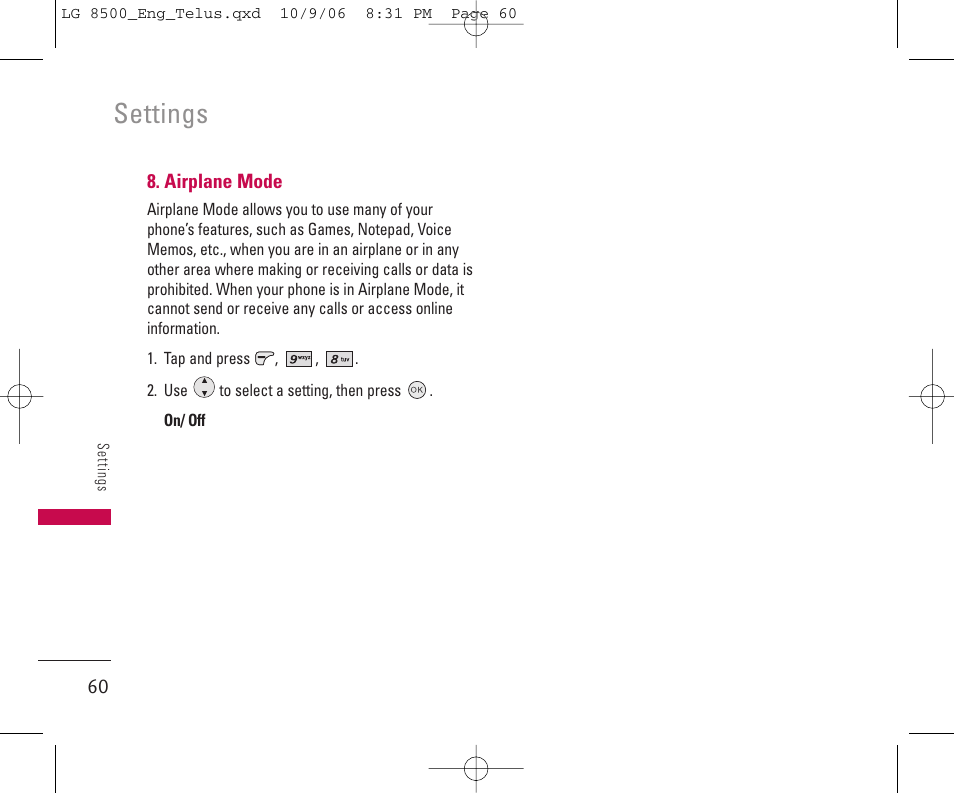 Settings | LG 8500 User Manual | Page 61 / 81