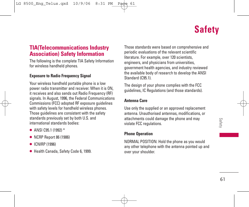 Safety | LG 8500 User Manual | Page 62 / 81