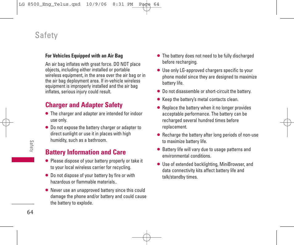 Safety, Charger and adapter safety, Battery information and care | LG 8500 User Manual | Page 65 / 81