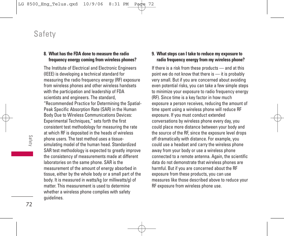 Safety | LG 8500 User Manual | Page 73 / 81