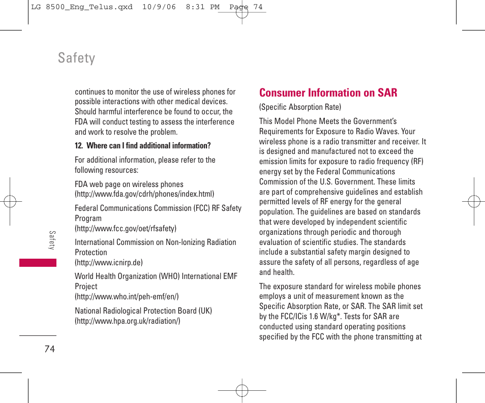 Safety, Consumer information on sar | LG 8500 User Manual | Page 75 / 81