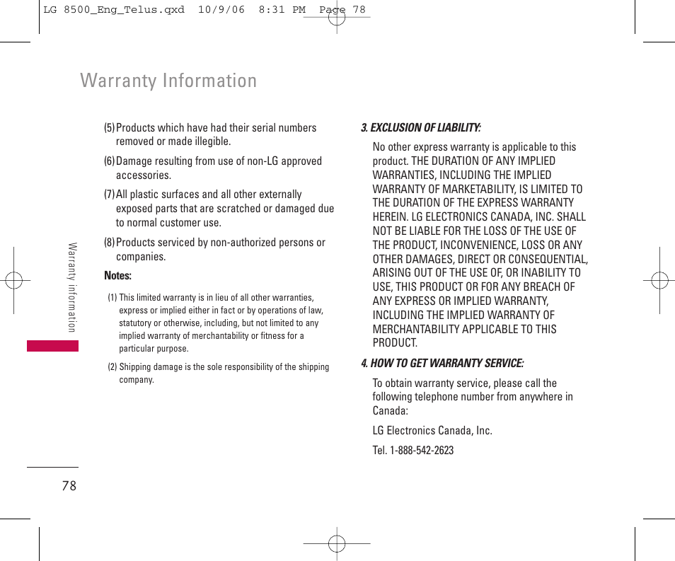 Warranty information | LG 8500 User Manual | Page 79 / 81