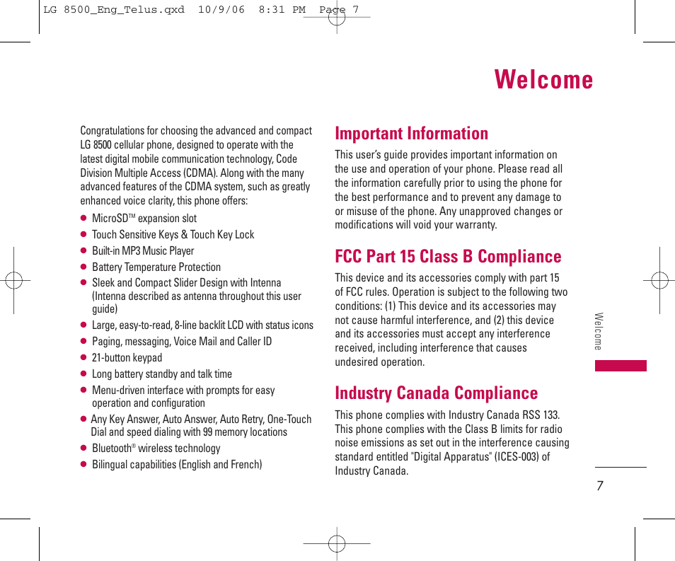 Welcome, Important information, Fcc part 15 class b compliance | Industry canada compliance | LG 8500 User Manual | Page 8 / 81