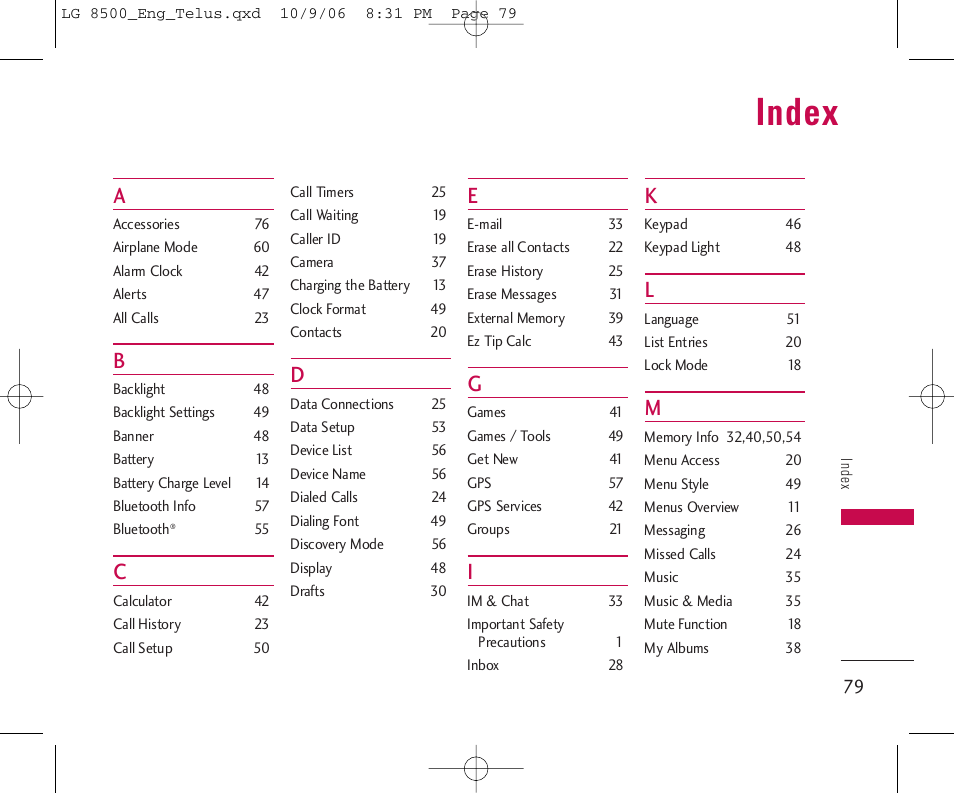 Index | LG 8500 User Manual | Page 80 / 81