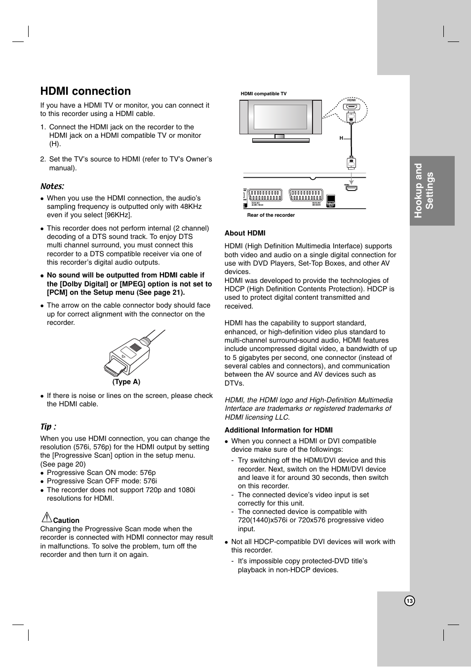 Hdmi connection, Hookup and settings | LG RH7900H User Manual | Page 13 / 63