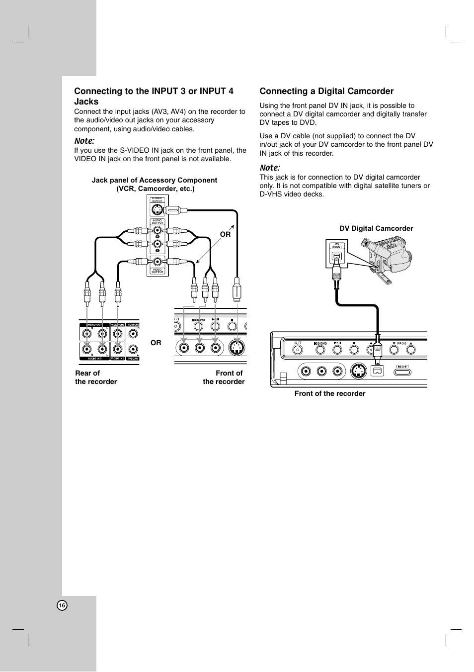 Connecting to the input 3 or input 4 jacks, Connecting a digital camcorder | LG RH7900H User Manual | Page 16 / 63