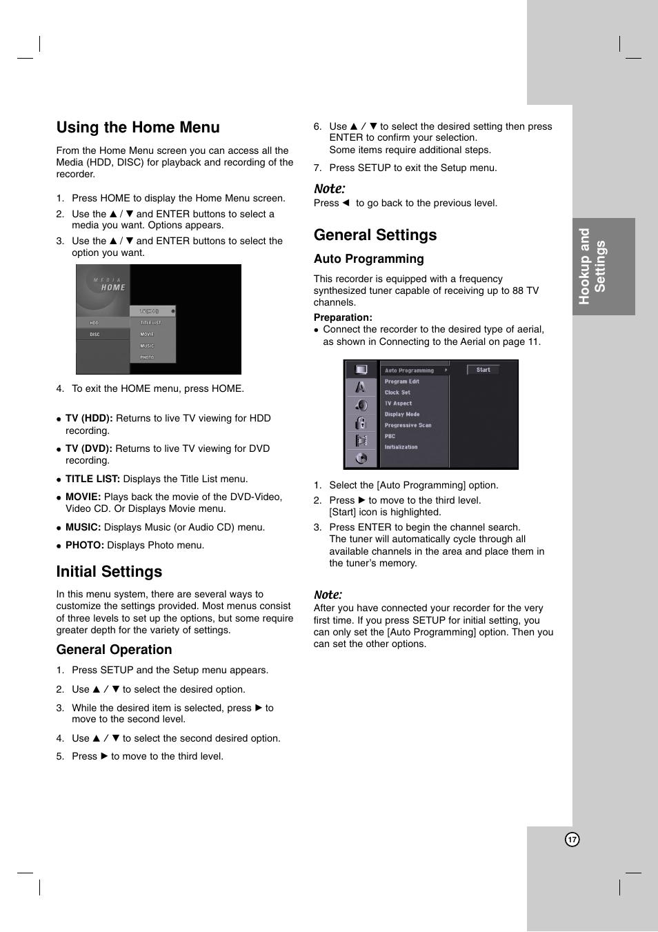 Using the home menu, Initial settings, General settings | Hookup and settings, General operation | LG RH7900H User Manual | Page 17 / 63