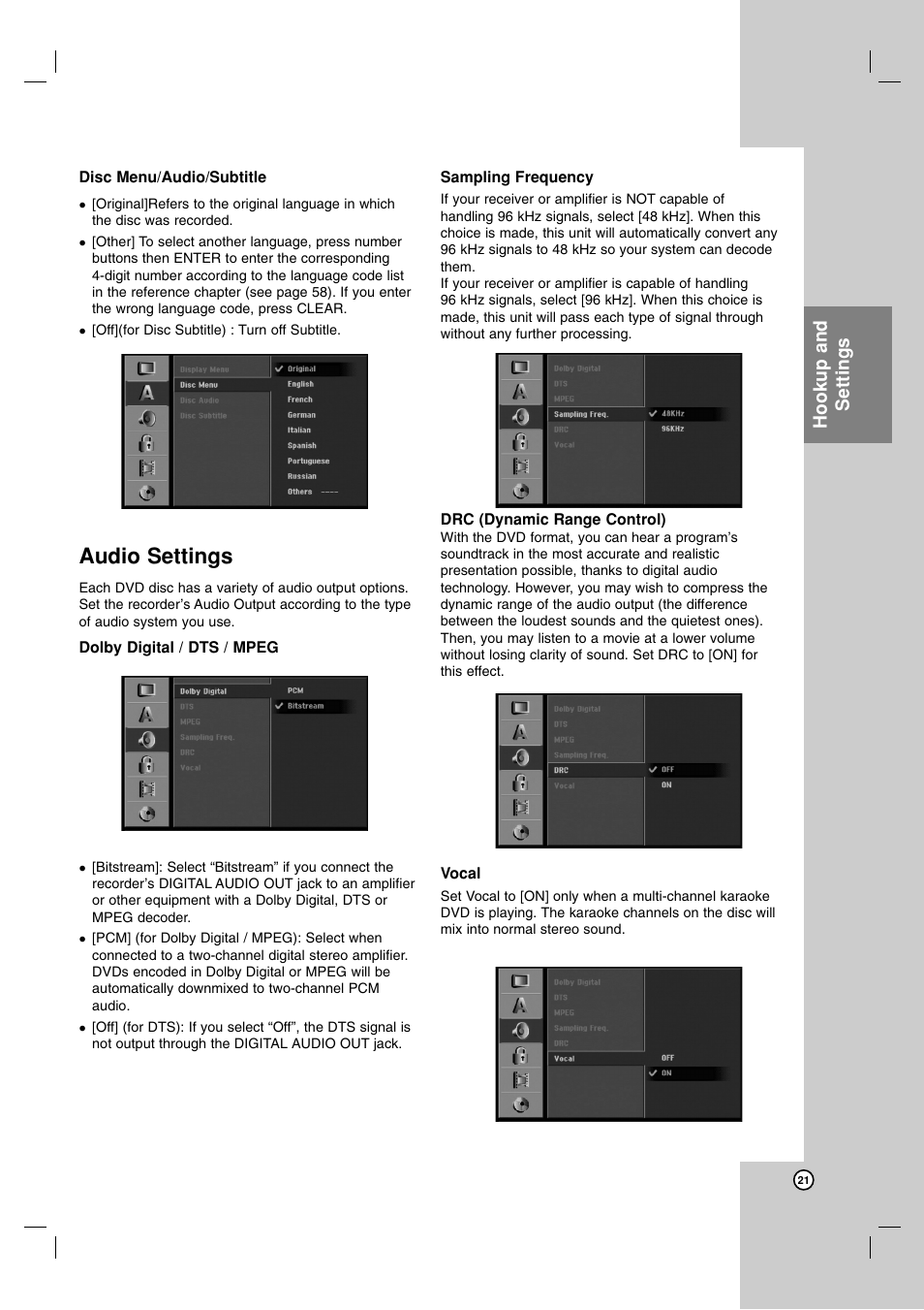 Audio settings, Hookup and settings | LG RH7900H User Manual | Page 21 / 63