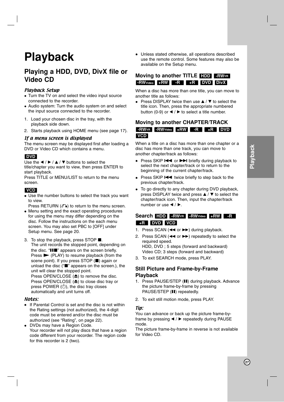 Playing a hdd, dvd, divx file or video cd, Playback | LG RH7900H User Manual | Page 27 / 63