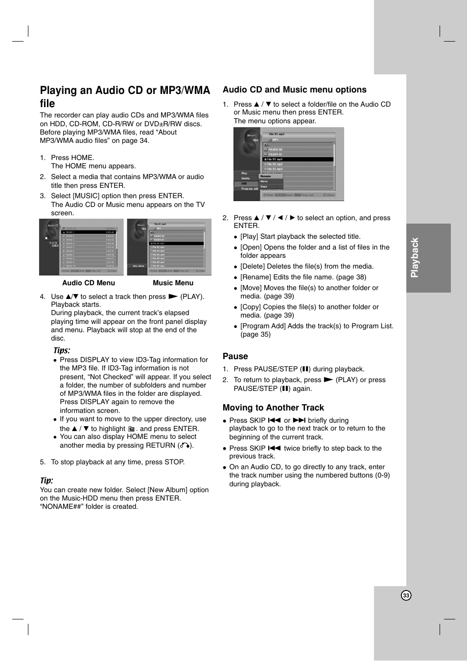 Playing an audio cd or mp3/wma file, Playback | LG RH7900H User Manual | Page 33 / 63