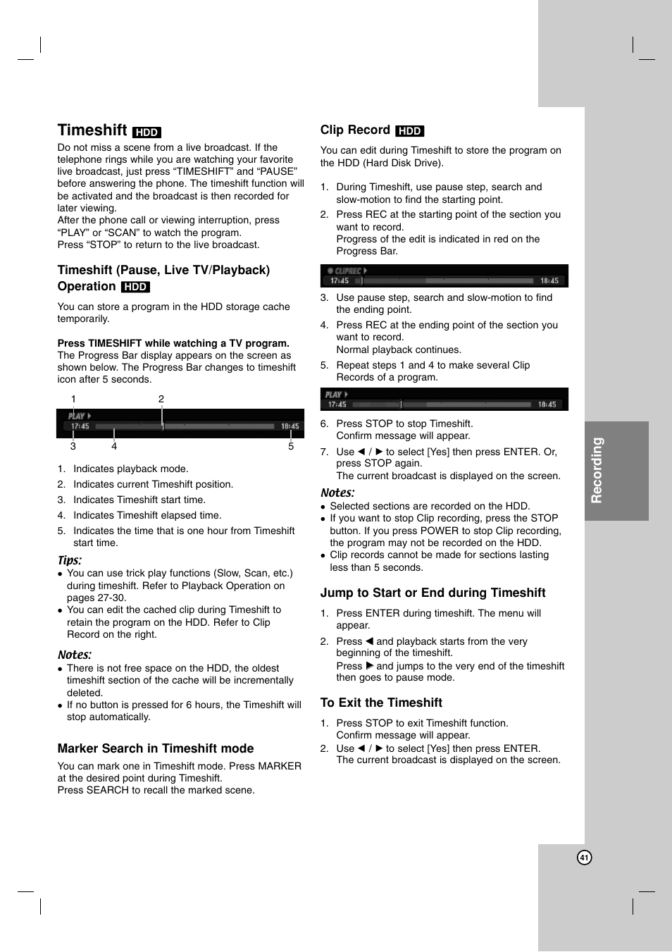 Timeshift, Recording | LG RH7900H User Manual | Page 41 / 63