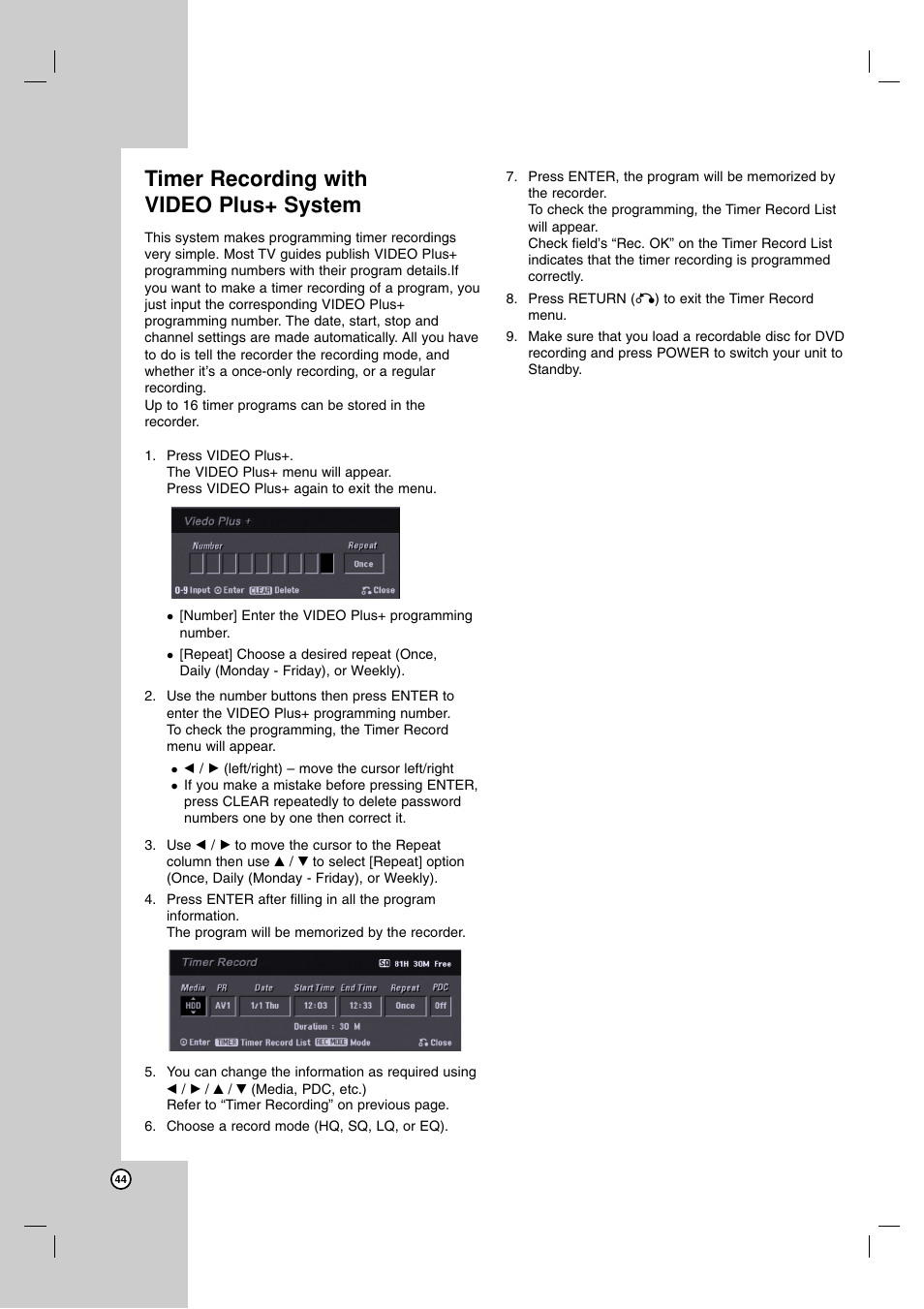 Timer recording with video plus+ system | LG RH7900H User Manual | Page 44 / 63