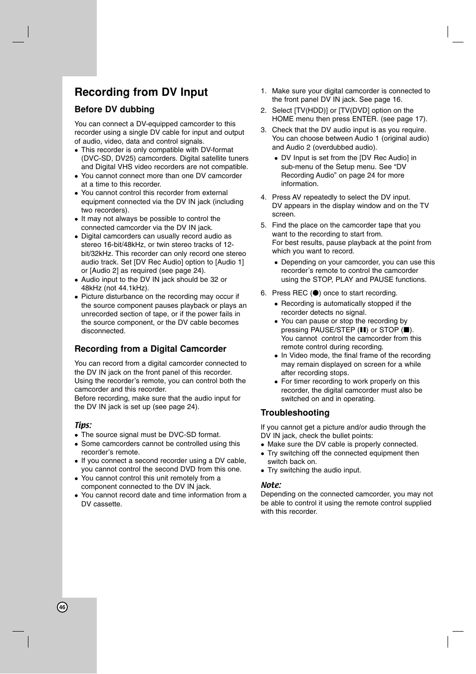Recording from dv input | LG RH7900H User Manual | Page 46 / 63
