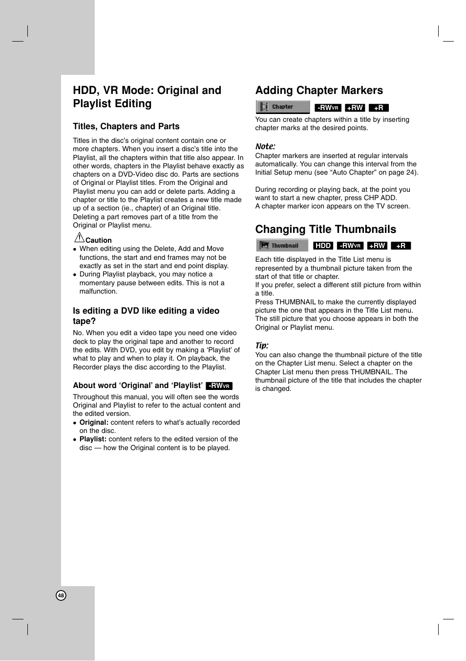 Hdd, vr mode: original and playlist editing, Adding chapter markers, Changing title thumbnails | LG RH7900H User Manual | Page 48 / 63