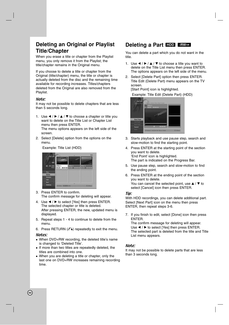 Deleting an original or playlist title/chapter, Deleting a part | LG RH7900H User Manual | Page 50 / 63