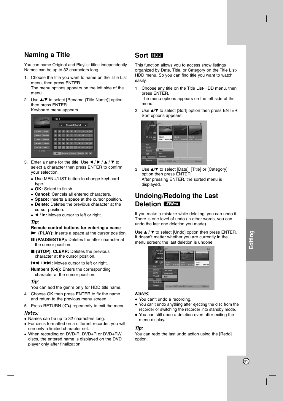 Naming a title, Sort, Undoing/redoing the last deletion | Editing | LG RH7900H User Manual | Page 51 / 63