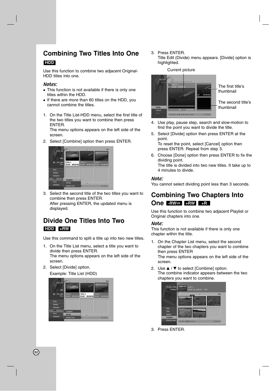 Combining two titles into one, Divide one titles into two, Combining two chapters into one | LG RH7900H User Manual | Page 52 / 63