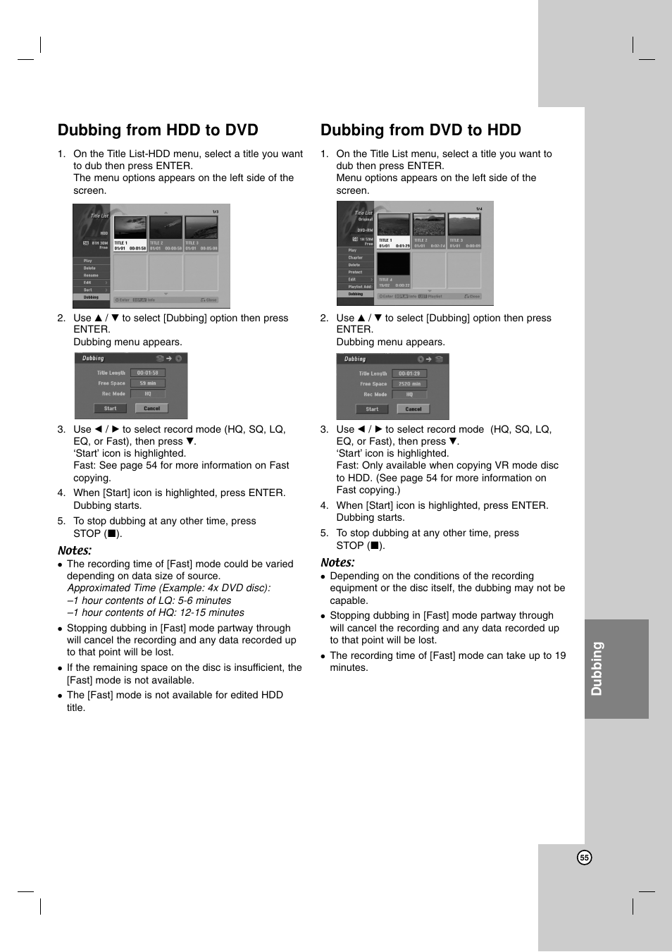 Dubbing from hdd to dvd, Dubbing from dvd to hdd, Dubbing | LG RH7900H User Manual | Page 55 / 63