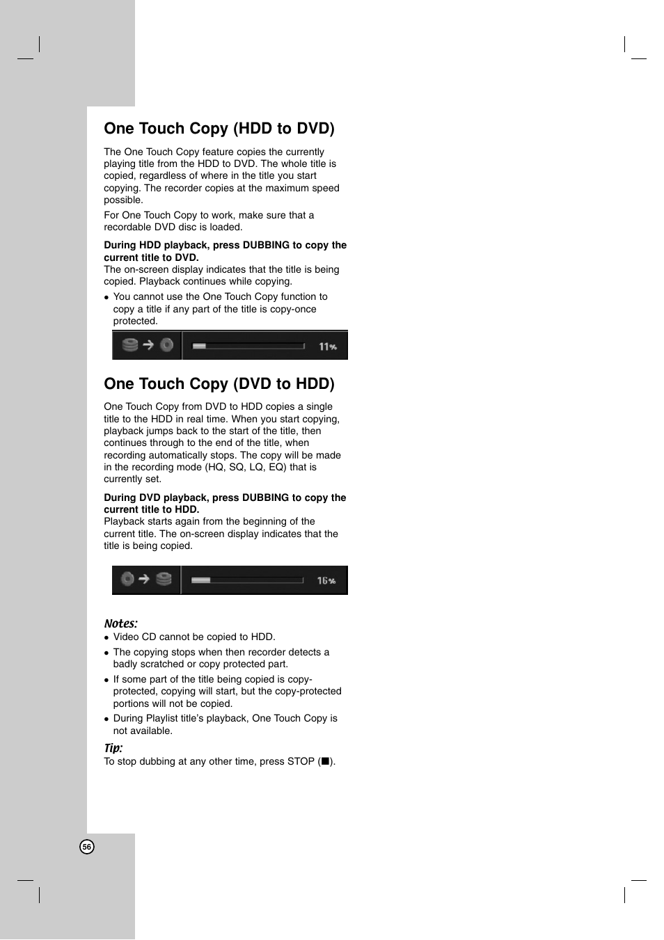 One touch copy (hdd to dvd), One touch copy (dvd to hdd) | LG RH7900H User Manual | Page 56 / 63