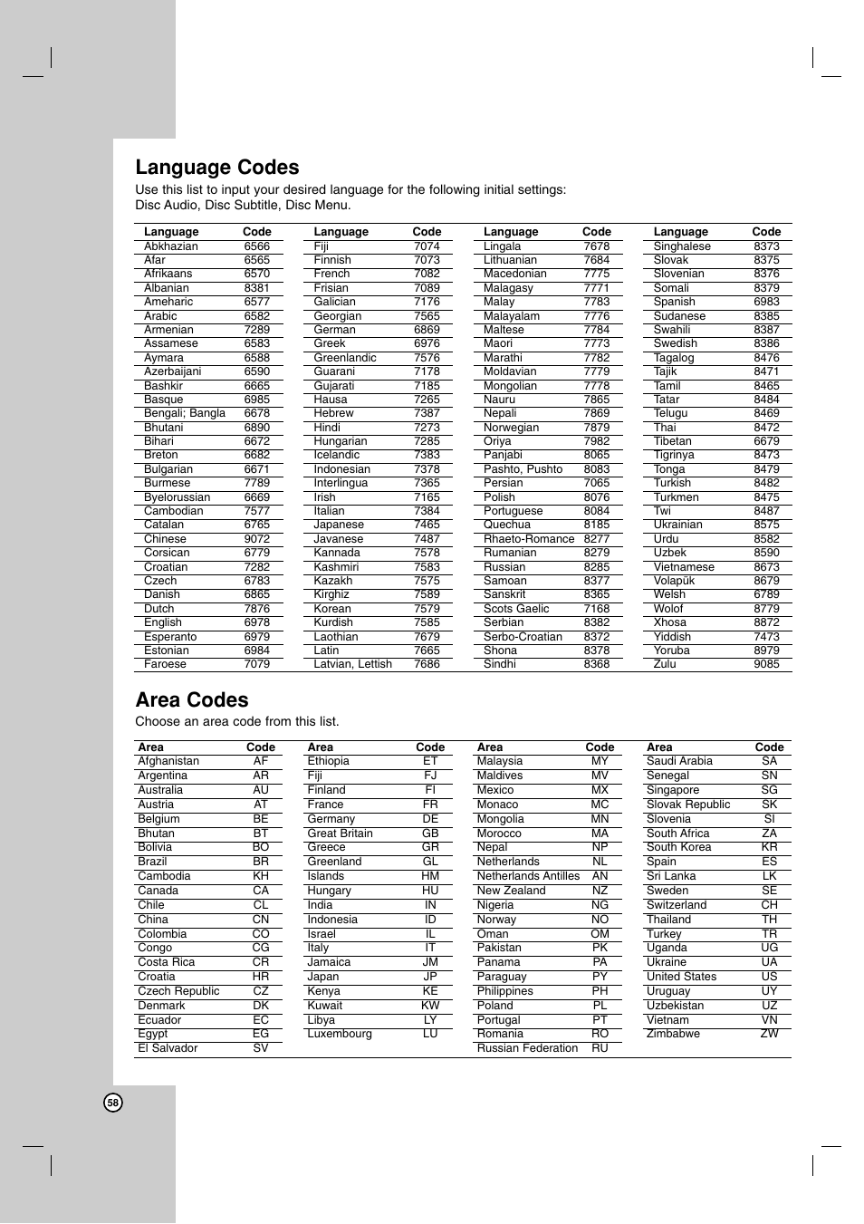 Area codes, Language codes | LG RH7900H User Manual | Page 58 / 63