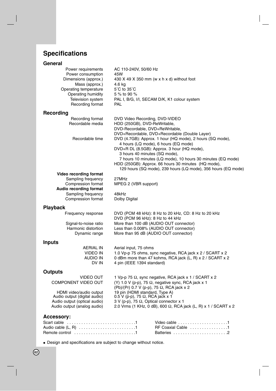 Specifications | LG RH7900H User Manual | Page 62 / 63