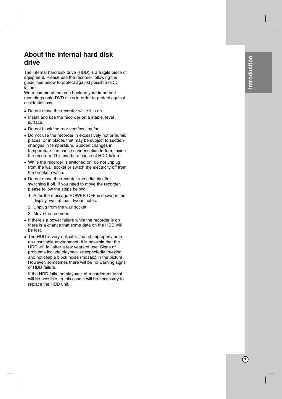 About the internal hard disk drive, Introduction | LG RH7900H User Manual | Page 7 / 63