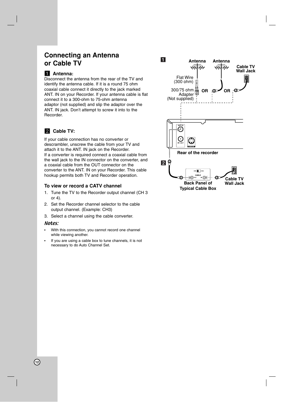 Connecting an antenna or cable tv | LG DR1F9H User Manual | Page 12 / 52