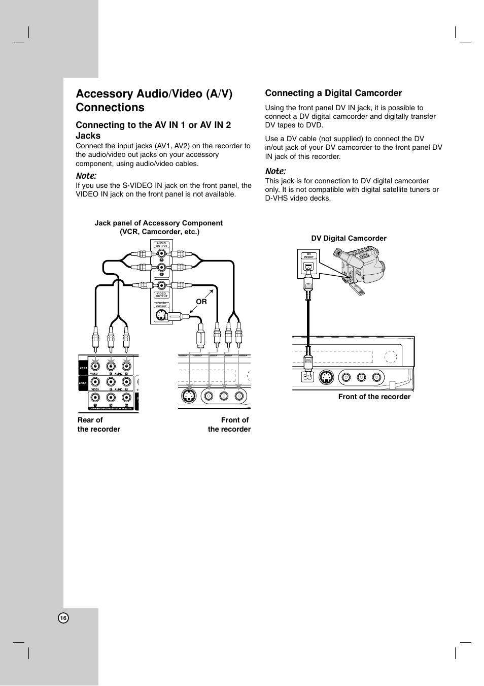 Accessory audio/video (a/v) connections, Connecting to the av in 1 or av in 2 jacks, Connecting a digital camcorder | LG DR1F9H User Manual | Page 16 / 52