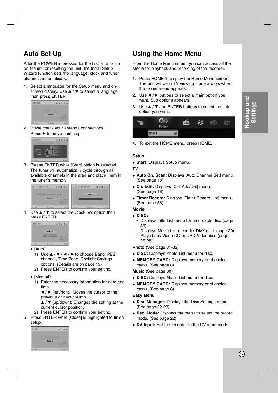 Auto set up, Using the home menu, Hookup and settings | LG DR1F9H User Manual | Page 17 / 52