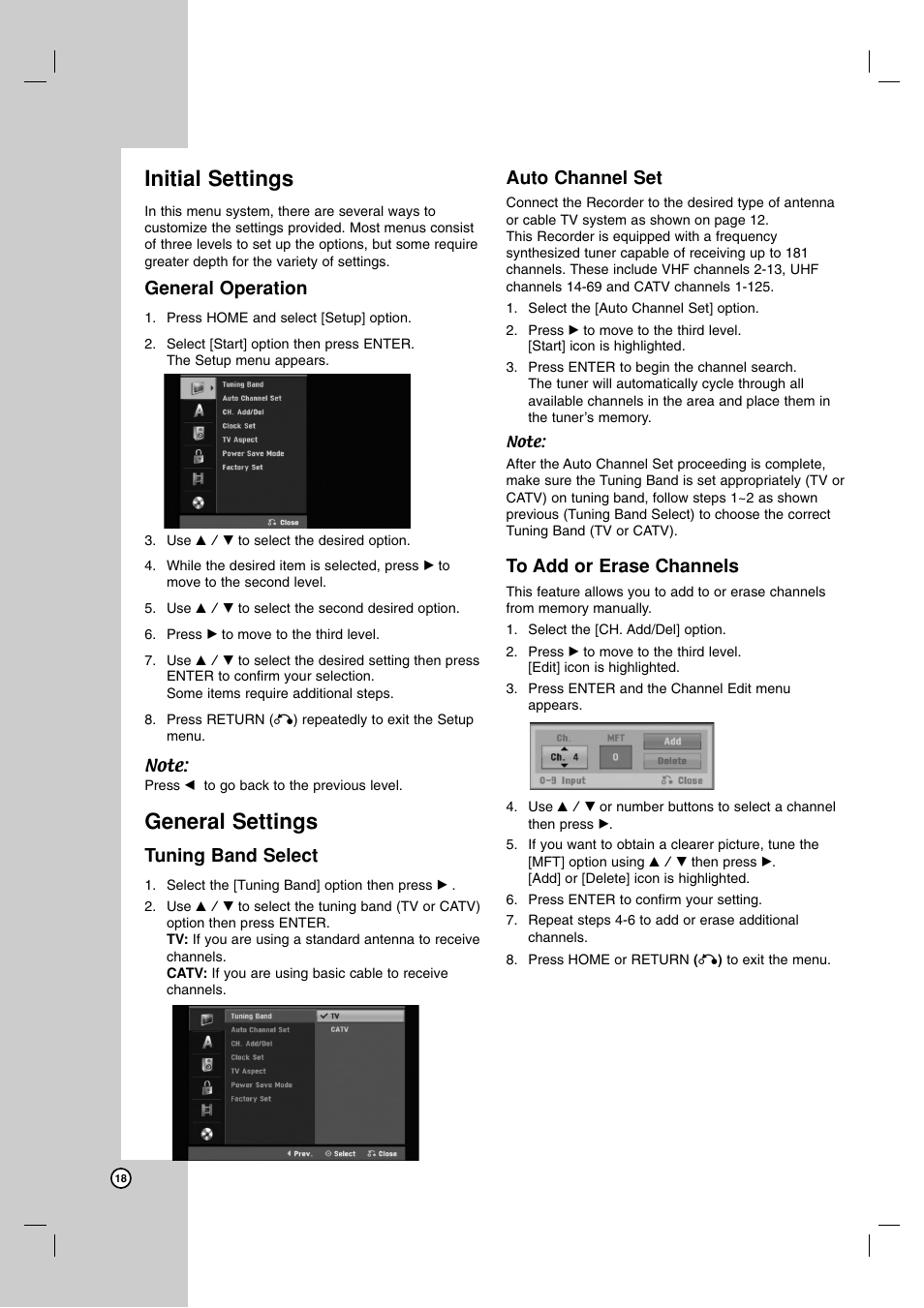 Initial settings, General settings, General operation | Tuning band select, Auto channel set | LG DR1F9H User Manual | Page 18 / 52