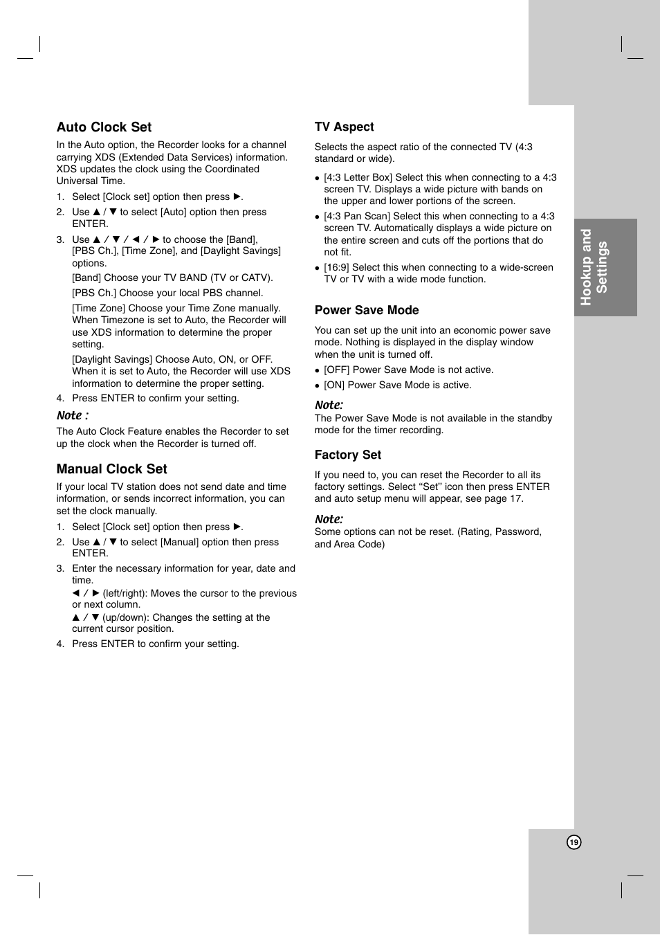 Hookup and settings auto clock set, Manual clock set | LG DR1F9H User Manual | Page 19 / 52