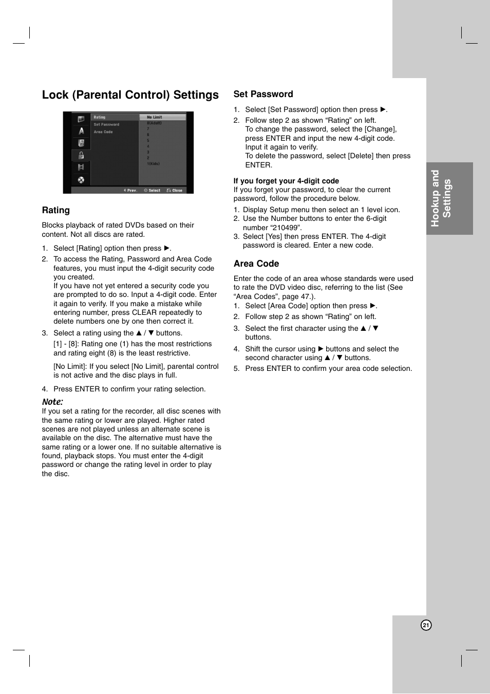 Lock (parental control) settings, Hookup and settings | LG DR1F9H User Manual | Page 21 / 52