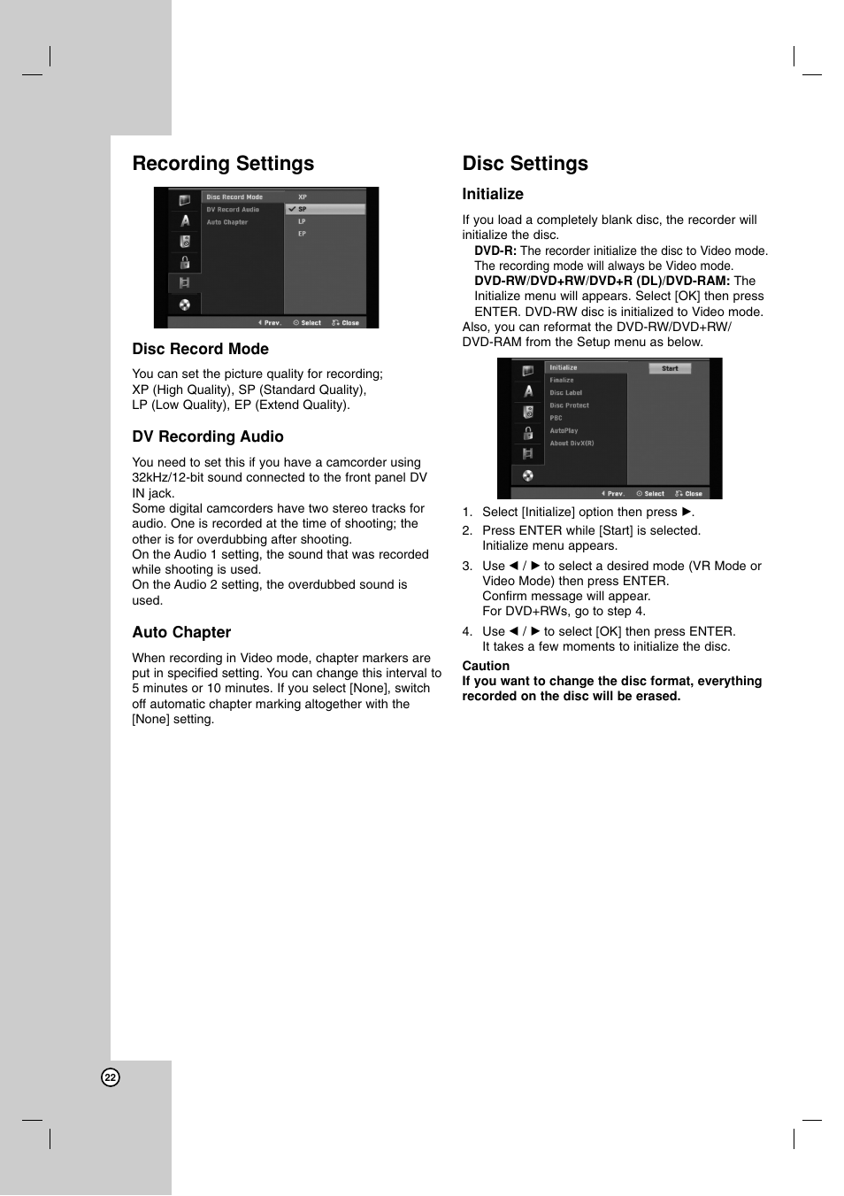 Recording settings, Disc settings | LG DR1F9H User Manual | Page 22 / 52